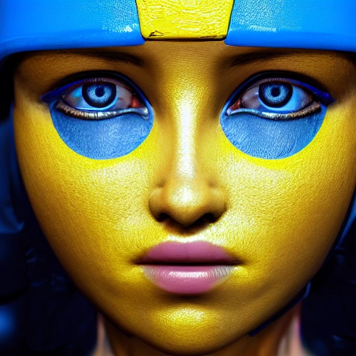 complex 3d render ultra detailed of MILITARY STYLE,, Beautiful face, detailed, close up portrait of girl,  dressed in a dress with blue  yellow colors, vibrant high contrast, hyperrealistic, photografic, 8k, epic ambient light, octane render,  war face