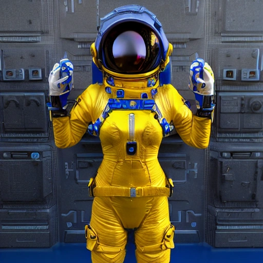 complex 3d render ultra detailed of MILITARY STYLE, beautiful female portrait with armed spacesuit, vibrant high contrast, dressed in a dress with blue  yellow colors, vibrant high contrast, hyperrealistic, photografic, 8k, epic ambient light, octane render,  war face