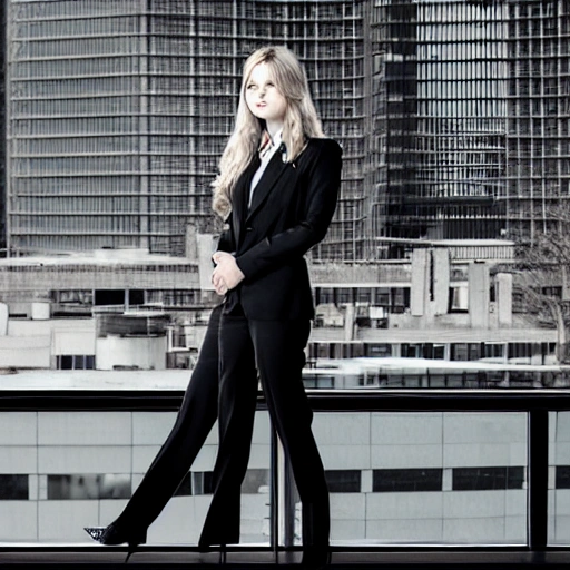 portrait of a pretty office lady, long wavy blond hair, in office suit, detailed face, looing at the viewer, offce buildings in the background, blurred background, sharp focus, intricate, photographic, award winning photograph, 8k wallpaper, professional studio llghting, trending on artstation