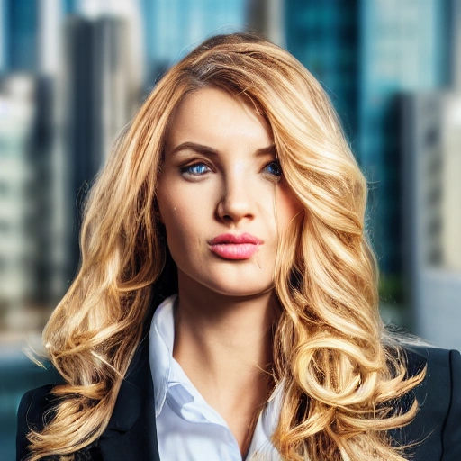 portrait of a pretty office lady, long wavy blond hair, in office suit, detailed face, looing at the viewer, offce buildings in the background, blurred background, sharp focus, intricate, photographic, award winning photograph, 8k wallpaper, professional studio llghting, trending on artstation