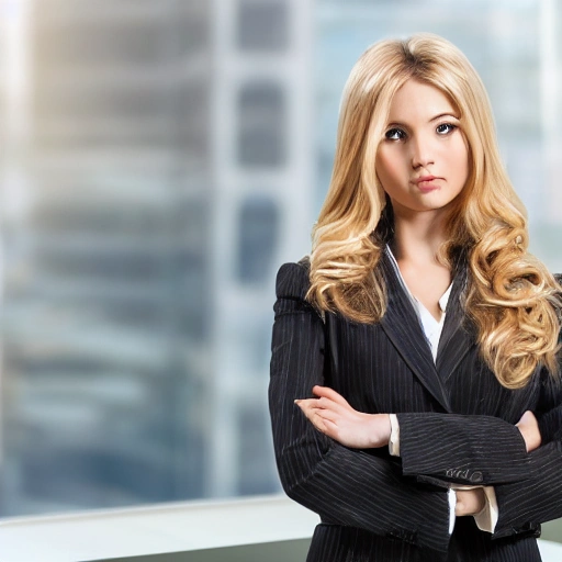 portrait of a pretty office lady, long wavy blond hair, in office suit, detailed face, looing at the viewer, offce buildings in the background, blurred background, sharp focus, intricate, photographic, award winning photograph, 8k wallpaper, professional studio llghting, trending on artstation