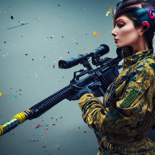 complex render ultra-detailed of MILITARY STYLE, beautiful female portrait, vibrant high contrast, dressed in a dress with blue  yellow colors, 8k photographic style ornate outfit hyper maximalist sharp focus, epic ambient light, octane render, war face