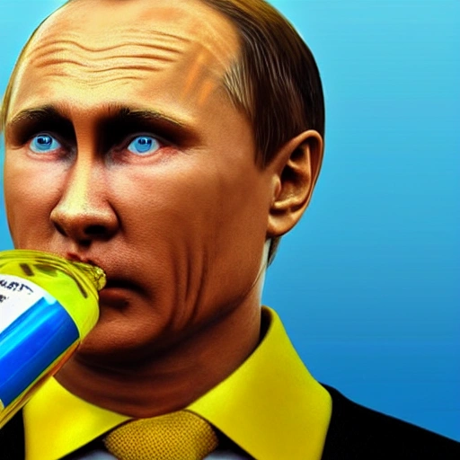 hyperrealistic render ultra detailed face in yellow blue colors   of Putin drinking tomato juice 