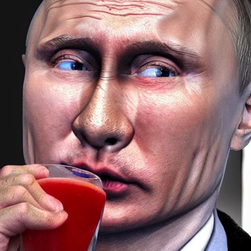 hyperrealistic render ultra detailed face of Putin drinking tomato juice 