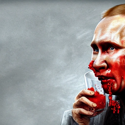 hyperrealistic render ultra detailed face of Putin drinking tomato juice , zombie, Ukraine style