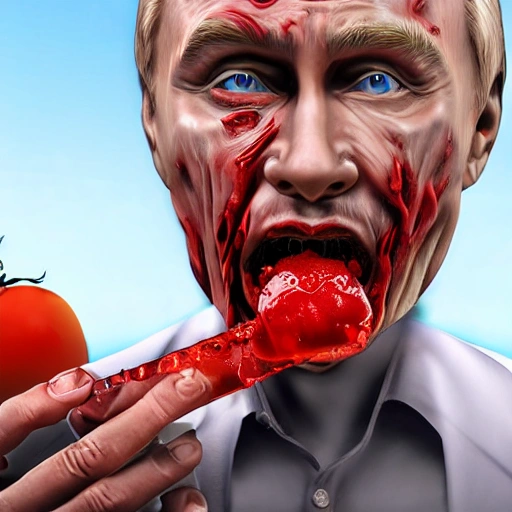 hyperrealistic render ultra detailed face of Putin drinking tomato juice on tank armor, zombie, full growth