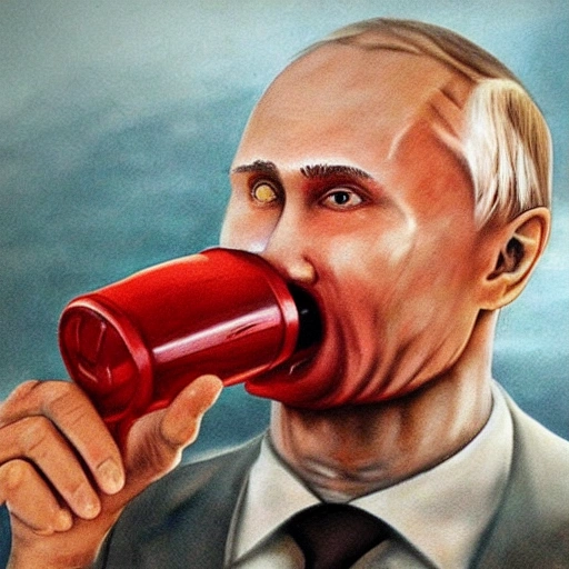 hyperrealistic render ultra detailed face of Putin drinking tomato juice on tank armor, zombie, full growth