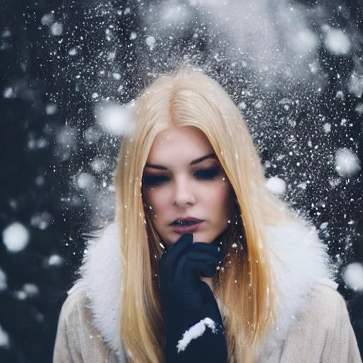 Long blond hair, slim figure, wearing a black coat, beautiful thin face, long eyelashes, and large watery eyes staring at the distance, standing in the snow, snowflakes falling from the sky and melting on the palm of your hand
