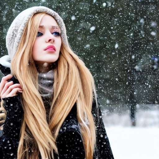 Long blond hair, slim figure, wearing a black coat, beautiful thin face, long eyelashes, and large watery eyes staring at the distance, standing in the snow, snowflakes falling from the sky and melting on the palm of your hand