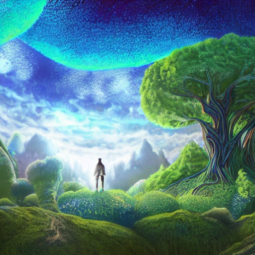 Illustration of a surreal, otherworldly, hyper sky scene featuring a giant crystal tree full body, highly detailed and magical lighting, intricate forest details, vegetation, solar punk, landscape, giant trees, beautiful green foliage , beautiful lighting and realistic proportions, a person stands on the ground and looks into the distance as if it were a movie background, 8k, highest quality, masterpiece, clouds and stars in the sky.