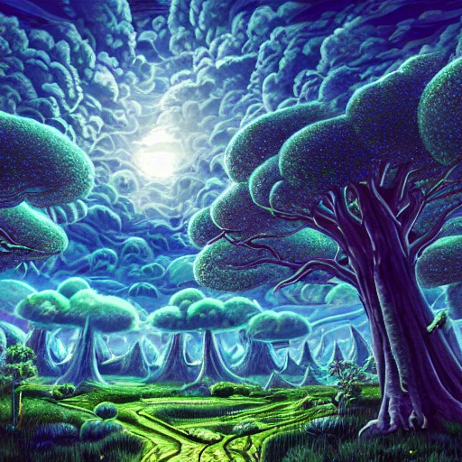 Illustration of a surreal, otherworldly, hyper sky scene featuring a giant crystal tree full body, highly detailed and magical lighting, intricate forest details, vegetation, solar punk, landscape, giant trees, beautiful green foliage , beautiful lighting and realistic proportions, as if it were a movie background, 8k, highest quality, masterpiece, clouds and stars in the sky.