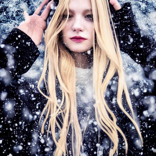 Long blond hair, tall figure, wearing a black coat, beautiful thin face, long eyelashes, and large watery eyes staring at the distance, standing in the snow, snowflakes fall from the sky and melt on the palm of your hand, Water Color