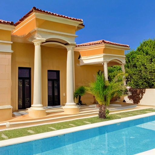 Exterior view of a luxurious villa, 8k, highest quality, masterpiece