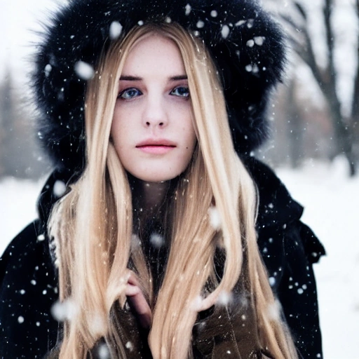 Long blond hair, tall figure, wearing a black coat, beautiful thin face, long eyelashes, and large watery eyes staring at the distance, standing in the snow, snowflakes fall from the sky and melt on the palm of your hand