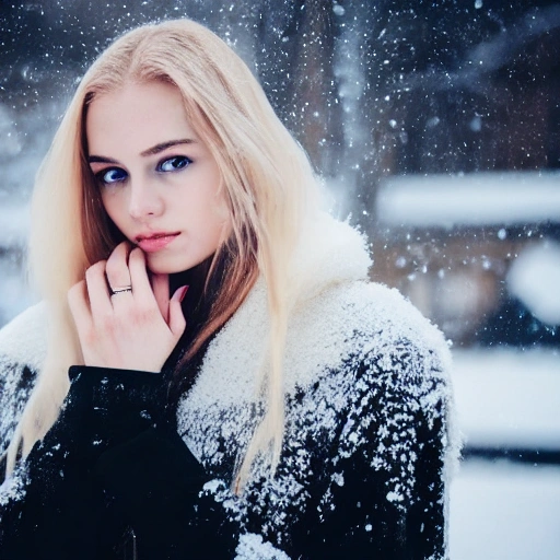 Long blond hair, tall figure, wearing a black coat, beautiful thin face, long eyelashes, and large watery eyes staring at the distance, standing in the snow, snowflakes fall from the sky and melt on the palm of your hand