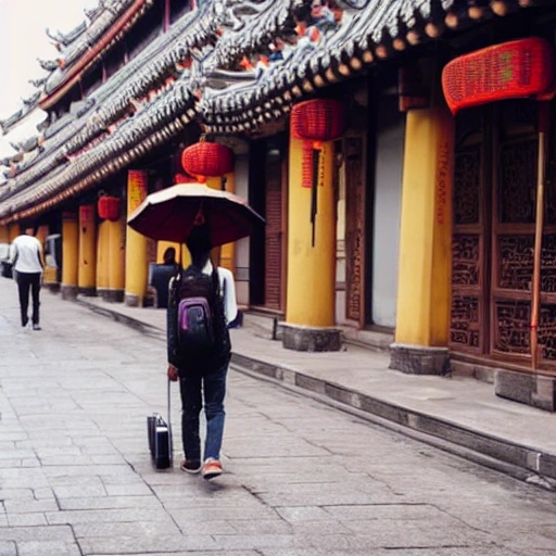 a person with a suitcase walking on a Chinese street