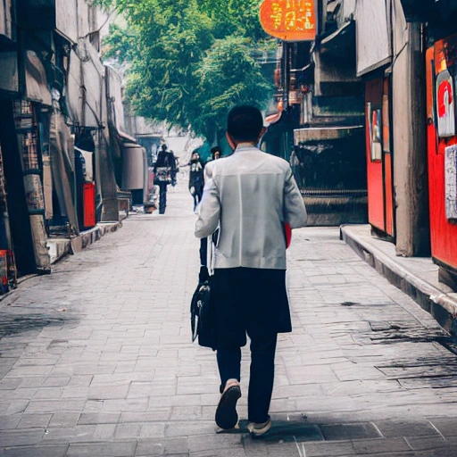 a person with a suitcase walking on a Chinese street, street photography