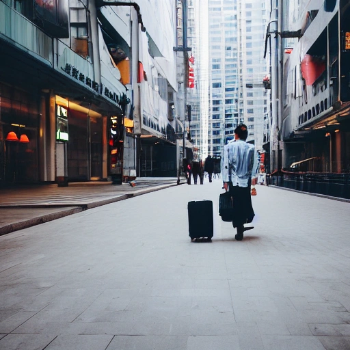 A person with a suitcase walking in a financial area of a Chinese street, street photography