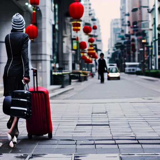 A smart dressed woman with a suitcase walking in a financial area of a Chinese street, street photography