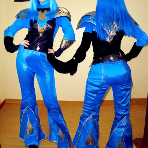 2 womens, BFF, Knight costume, blue hair,, Cartoon