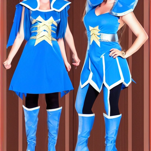 2 womens, BFF, Knight costume, blue hair,, Cartoon