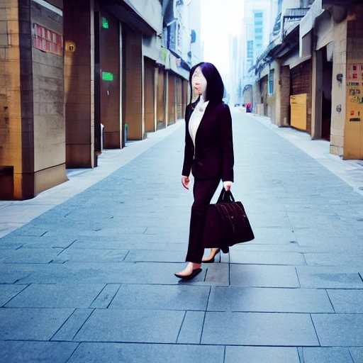 A smart dressed woman with a briefcase walking in a financial area of a Chinese street, street photography