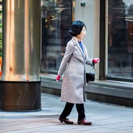 A smart dressed woman with a briefcase walking in a financial area of a Chinese street, street photography