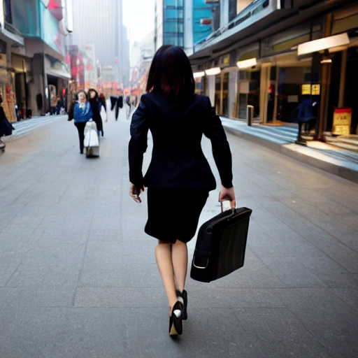 Young woman on high-heels and 3 piece suit with a briefcase walking in a financial area of a Chinese street, street photography