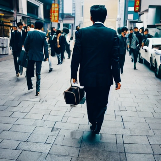 3 piece suit with a briefcase walking in a financial area of a Chinese street, street photography