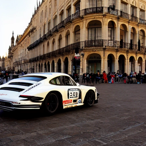 prototipo Porsche de las 24h de Le Mans rodando por la Plaza del Pilar de Zaragoza, España en un atardecer
