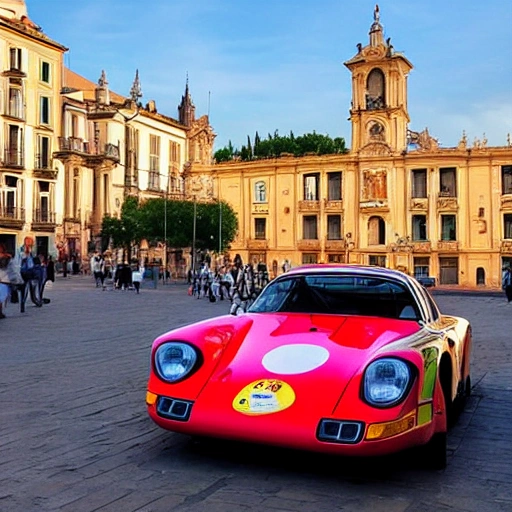 Coche 917 Porsche por la Plaza del Pilar de Zaragoza, España en un atardecer de verano
