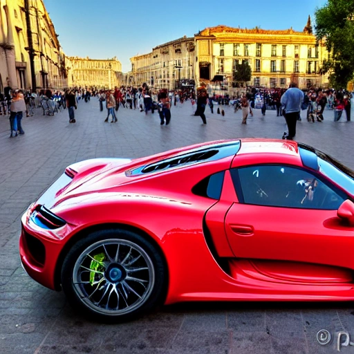 Coche 918 Porsche por la Plaza del Pilar de Zaragoza, España, en un atardecer de verano
