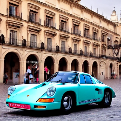 Coche 917 Porsche rodando por la Plaza del Pilar de Zaragoza, España, en un atardecer de verano
