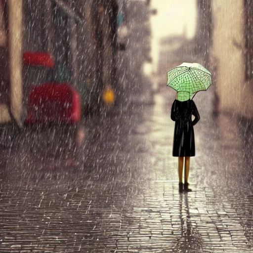 a girl in the street under the rain with an umbrella, 3D