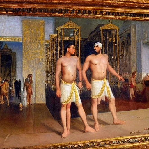 beautiful oil painting by Henry Scott Tuke, two muscular men,  wearing white and gold pharaoh clothes,  egyptian jewerly,  swans around, full of detail, at a palace full of perfumes