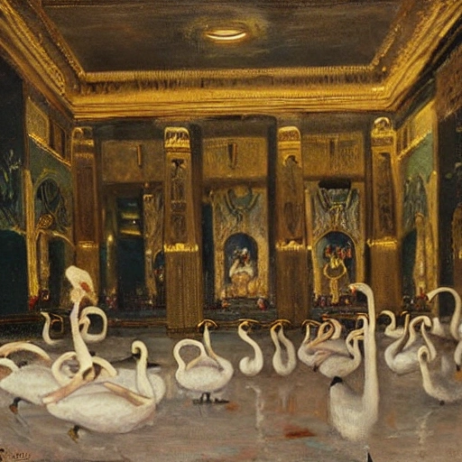 oil painting by Henry Scott Tuke, two muscular men,  wearing white and gold pharaoh clothes,  egyptian jewerly,  swans around, full of detail, at a palace full of perfumes