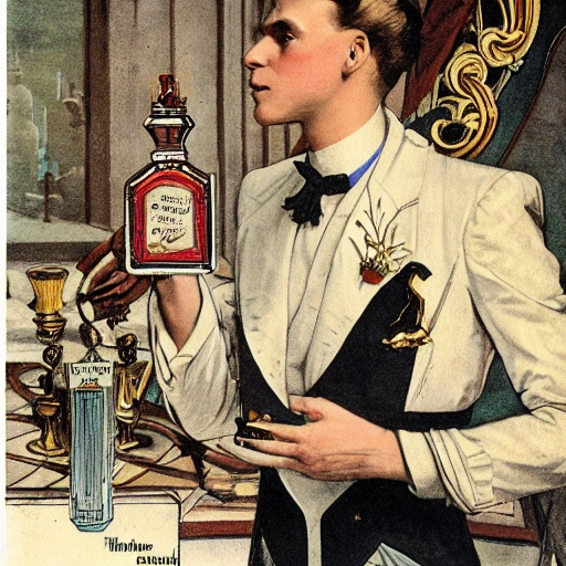 an illustration by Joseph Christian Leyendecker of a handsome male, creating perfumes at a palace with swans