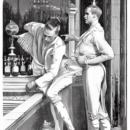 an illustration by Joseph Christian Leyendecker of two handsome male, creating perfumes at an egyptian palace with swans