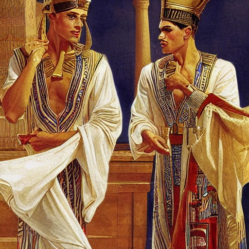 an illustration by Joseph Christian Leyendecker of two handsome male, wearing pharaoh clothes, creating perfumes at an egyptian palace with swans