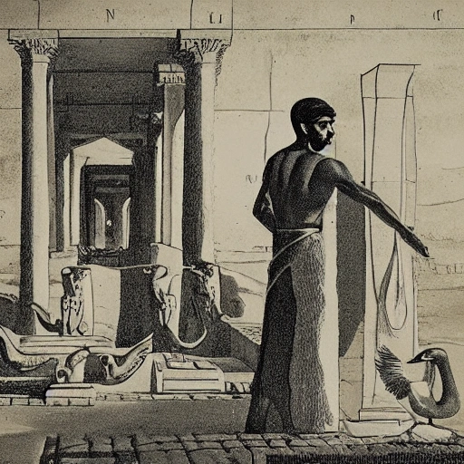 an illustration by Joseph Henry Scott Tuck of two handsome male, wearing pharaoh clothes, creating perfumes at an egyptian palace with swans