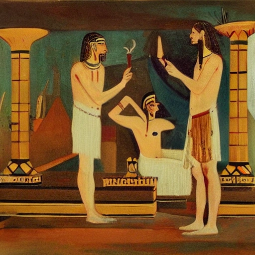 a painting by Henry Scott Tuck of two handsome male, wearing pharaoh clothes, creating perfumes at an egyptian palace with swans