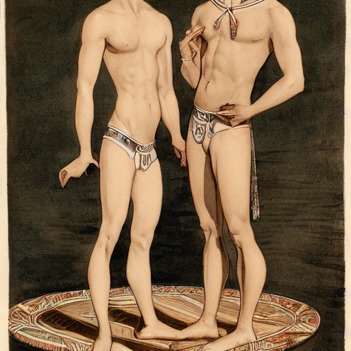 illustration by Christian Leyendecker of beautiful watercoulour, of two handsome muscular men, sensual, wearing white underwear, and egyptian jewerly, holding perfume bottles, standing at a palace, ,at a luxury palace, swans around 