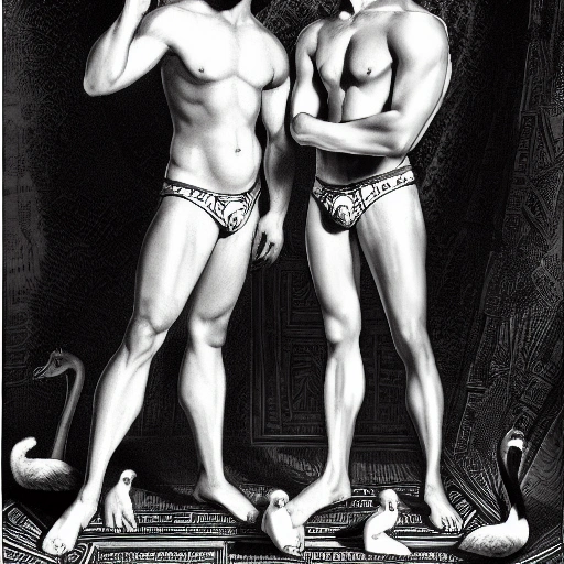 illustration by Christian Leyendecker of two handsome muscular men, sensual, wearing white underwear, and egyptian jewerly, holding perfume bottles, standing at a palace, ,at a luxury palace, swans around 