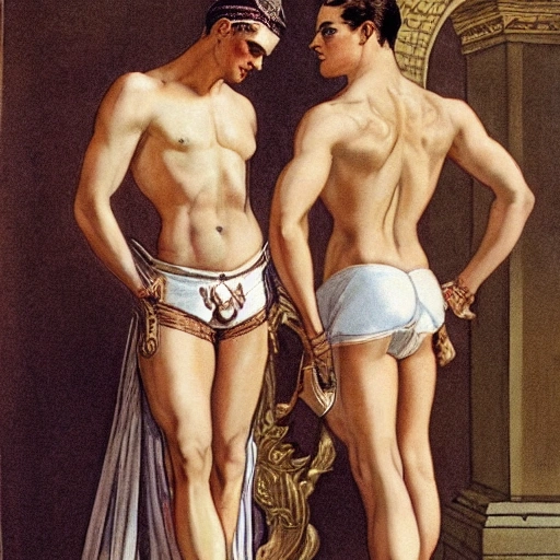 illustration by Joseph Christian Leyendecker of beautiful of two handsome muscular men, sensual, wearing white underwear, and egyptian jewerly, holding perfume bottles, standing at a palace, ,at a luxury palace, swans around 