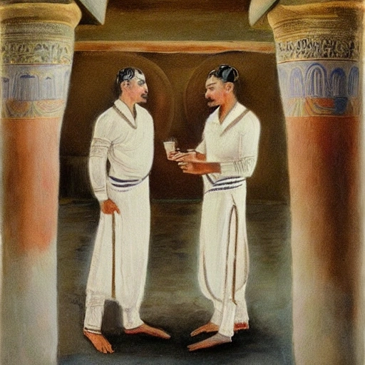 a painting by Henry Scott Tuck of two handsome male, wearing pharaoh clothes, creating perfumes at an egyptian palace with swans