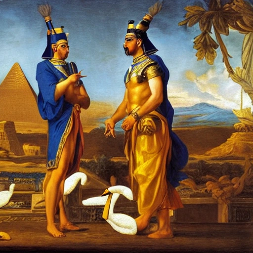 a baroque oil painting of two handsome male, wearing  blue and gold pharaoh clothes, creating perfumes at an egyptian palace with swans