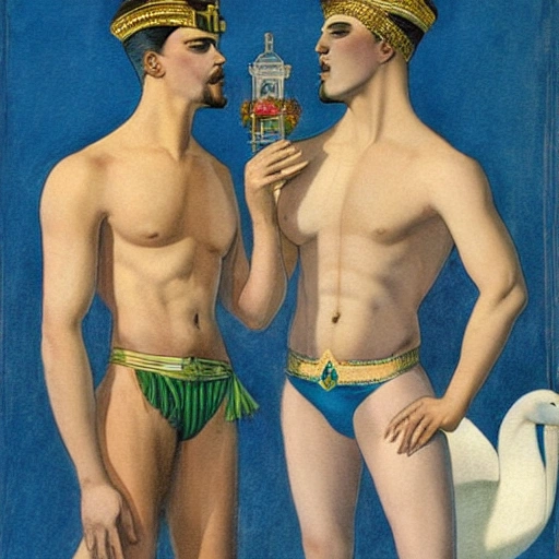 illustration by Christian Leyendecker of two handsome muscular men, perfect face, blue and green eyes, sensual, wearing white underwear, and egyptian jewerly, holding perfume bottles, standing at a palace, ,at a luxury palace, swans around 