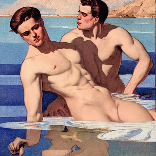 illustration by Joseph Christian Leyendecker of beautiful of two handsome muscular men, sensual, swiming together at a lake, at an egyptian palace