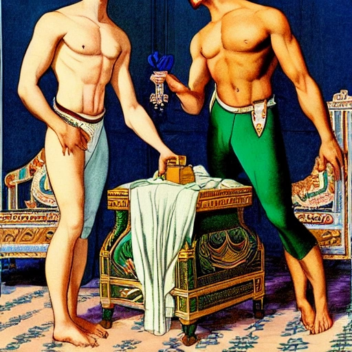 illustration by Christian Leyendecker of two handsome muscular men, perfect face, blue and green eyes, sensual, wearing white underwear, and egyptian jewerly, holding perfume bottles, standing at a palace, ,at a luxury palace, swans around 