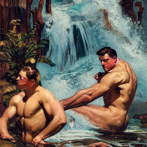 illustration by Joseph Christian Leyendecker of two beautiful handsome muscular men, sensual, swiming together under a waterfall 